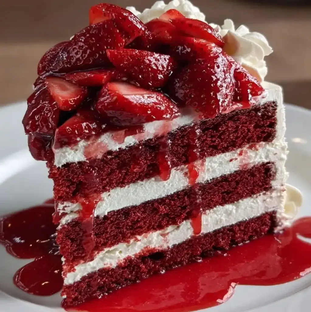A beautifully sliced red velvet cake with cream cheese frosting and fresh strawberries