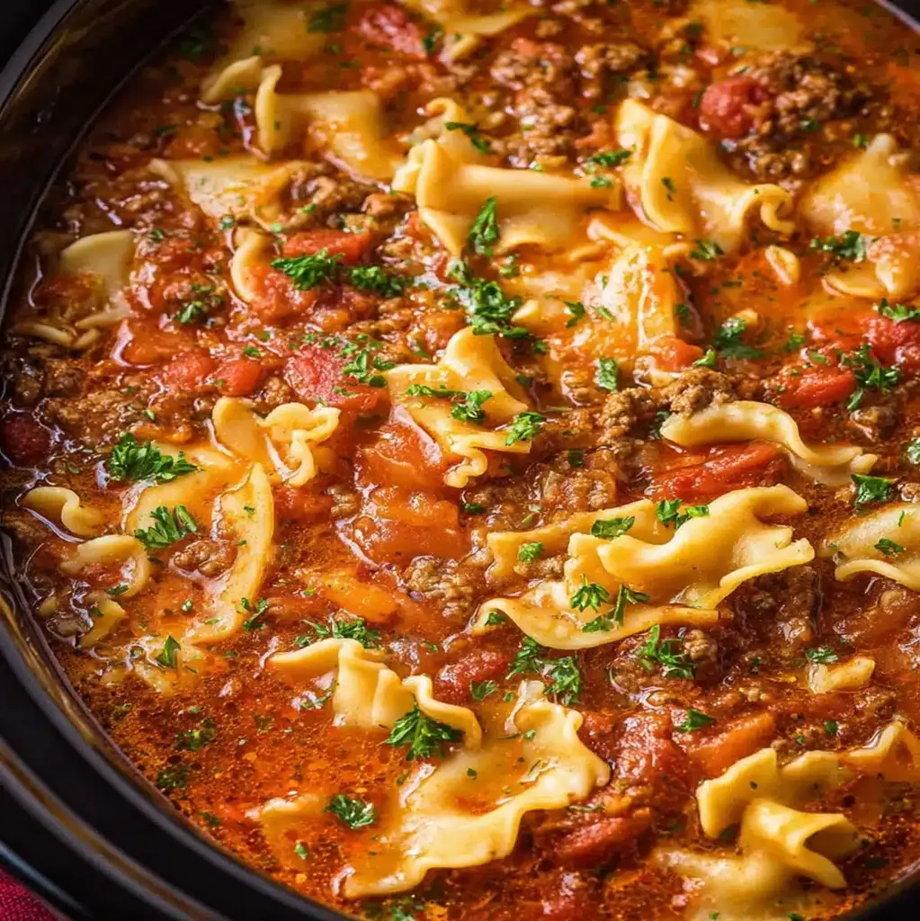 A bowl of delicious slow cooker lasagna soup topped with cheese and herbs