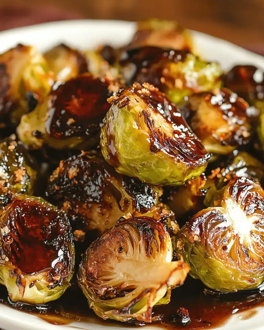 Honey Balsamic Brussels Sprouts on a baking sheet, glazed and roasted to perfection.