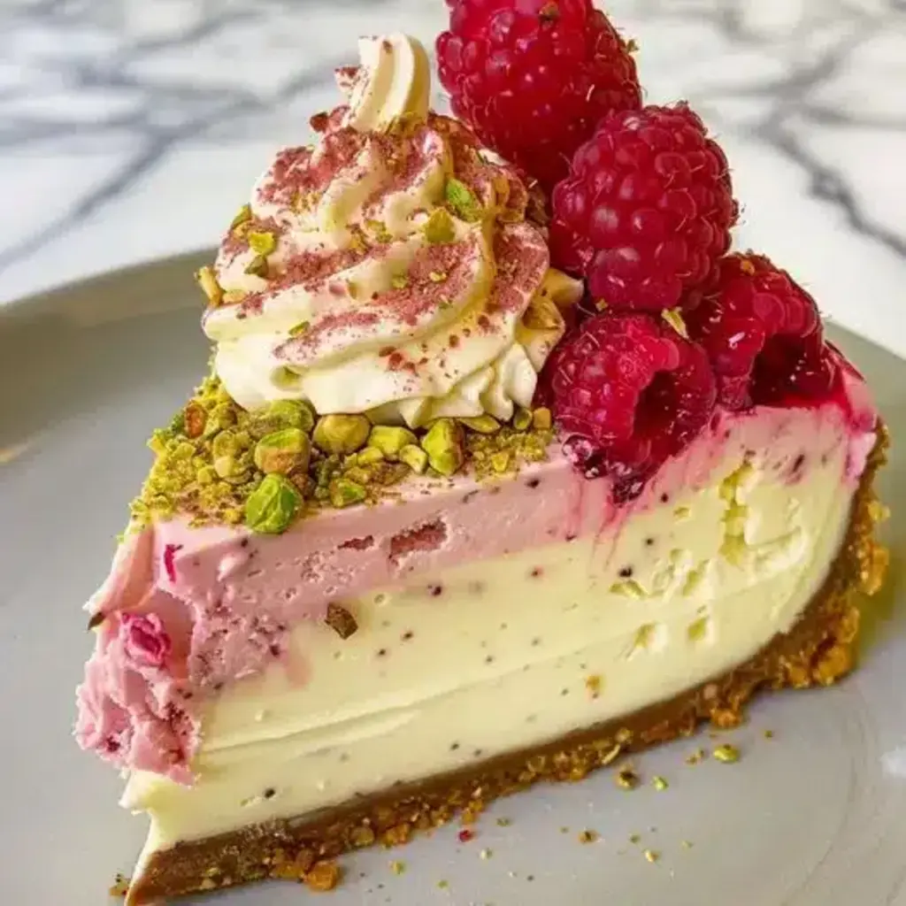 A slice of healthy cheesecake on a plate, garnished with berries and a sprig of mint.