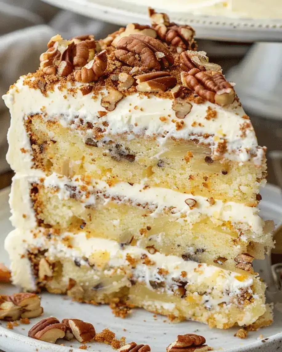 Creamy Pineapple Pecan Cake with pecans on top
