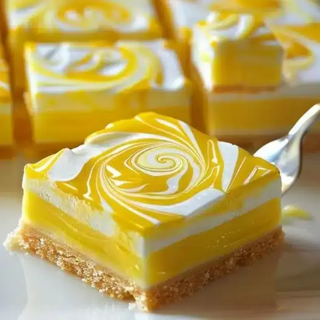 A slice of no-gelatin lemon dessert on a plate, showing the distinct layers of crust, lemon curd, and cream cheese topping.