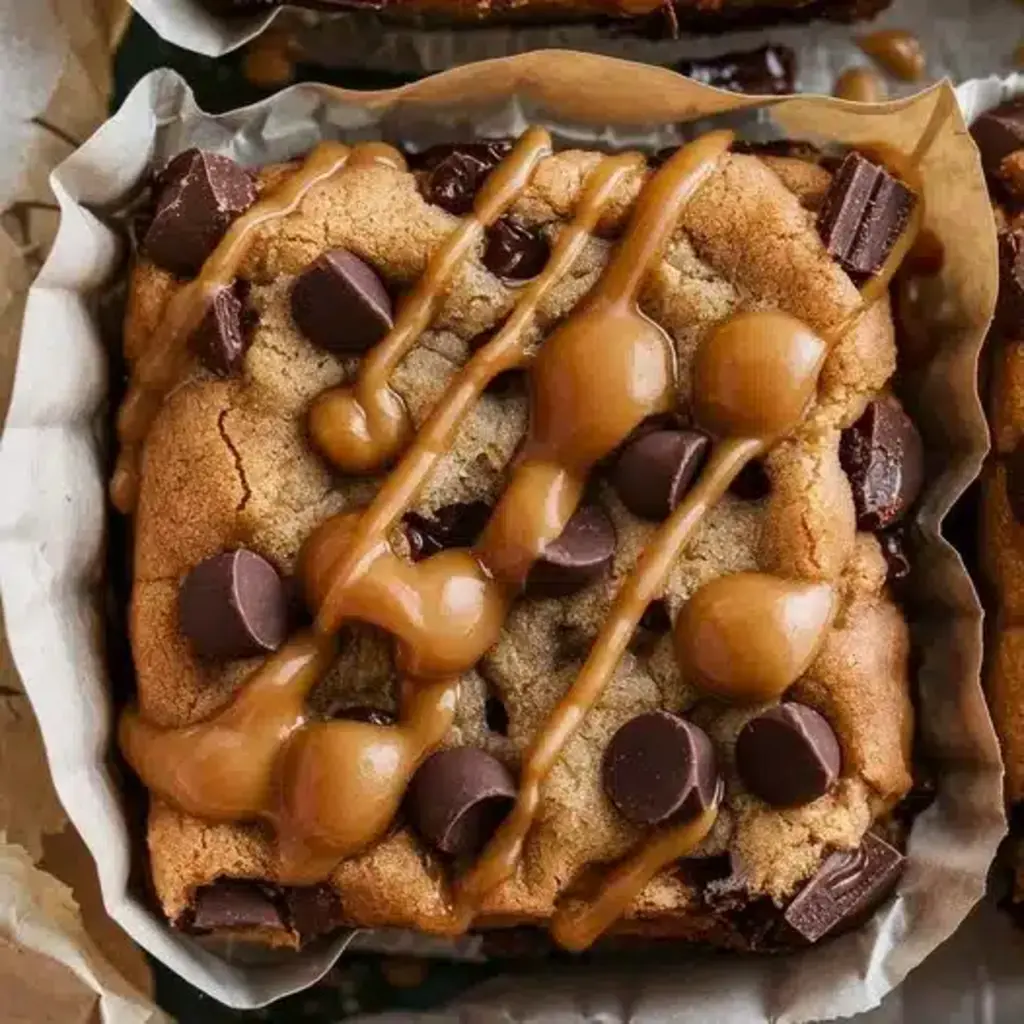 Homemade Salted Caramel Chocolate Chip Cookie Bars on a cooling rack.