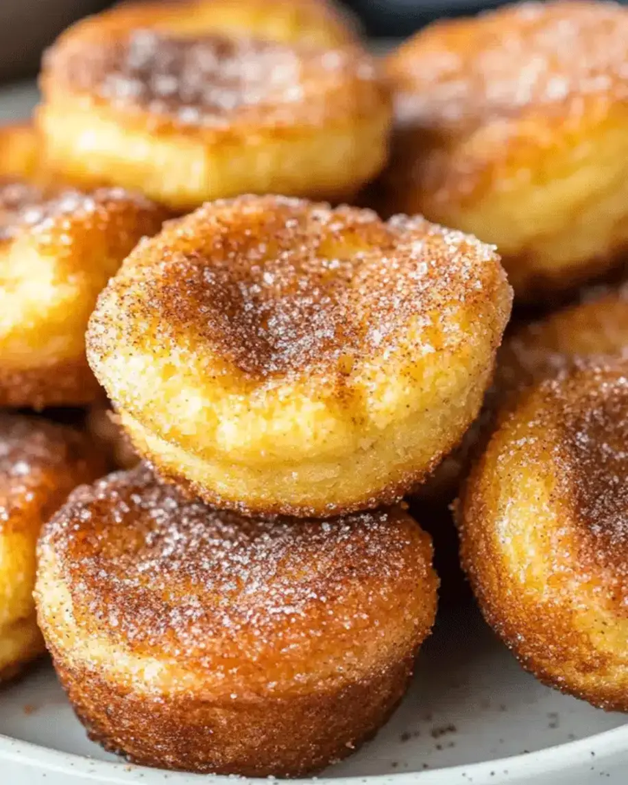 Close-up of fluffy cinnamon sugar muffin bites stacked invitingly.