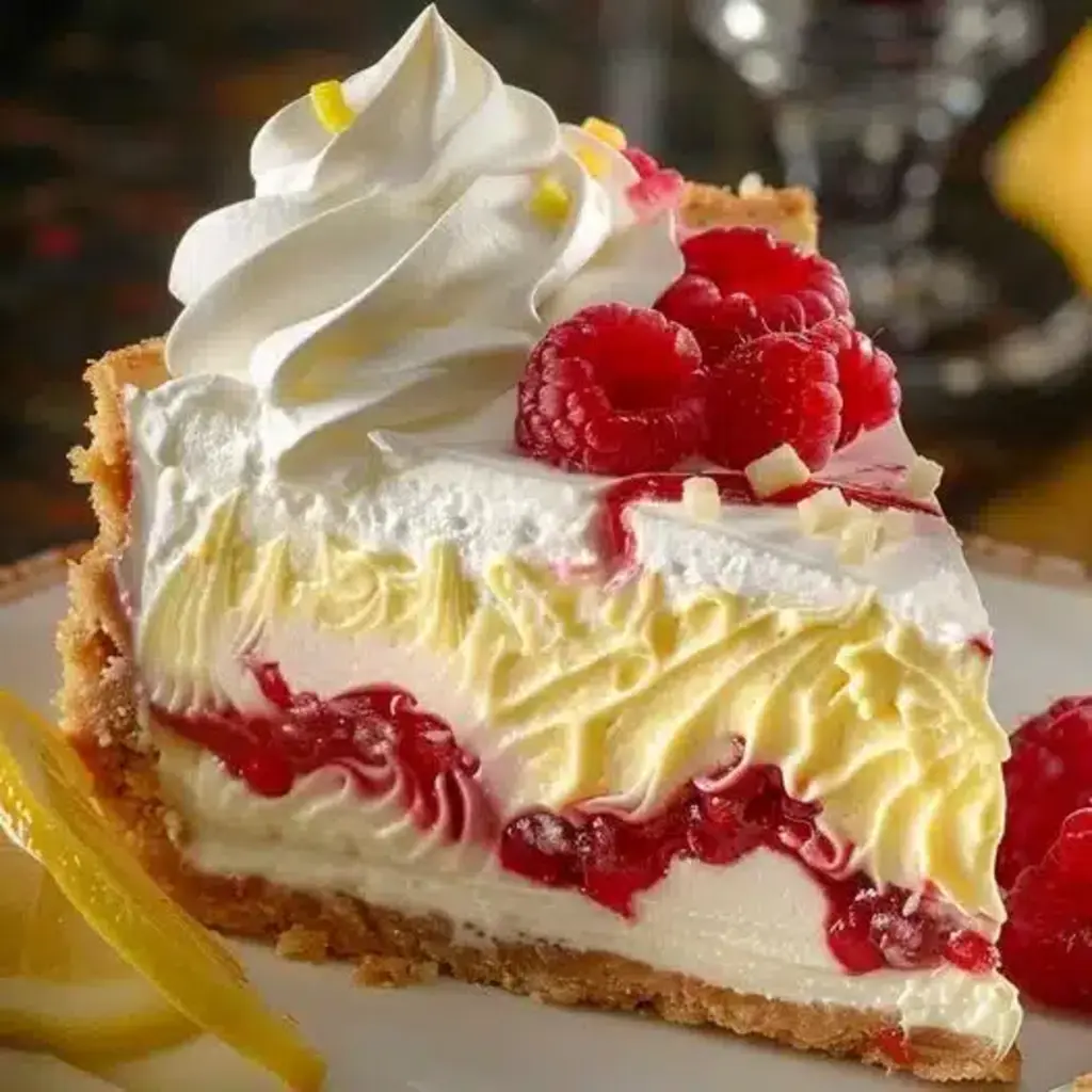 A slice of Lemon Raspberry Cheesecake Delight on a plate, garnished with fresh raspberries and lemon zest.