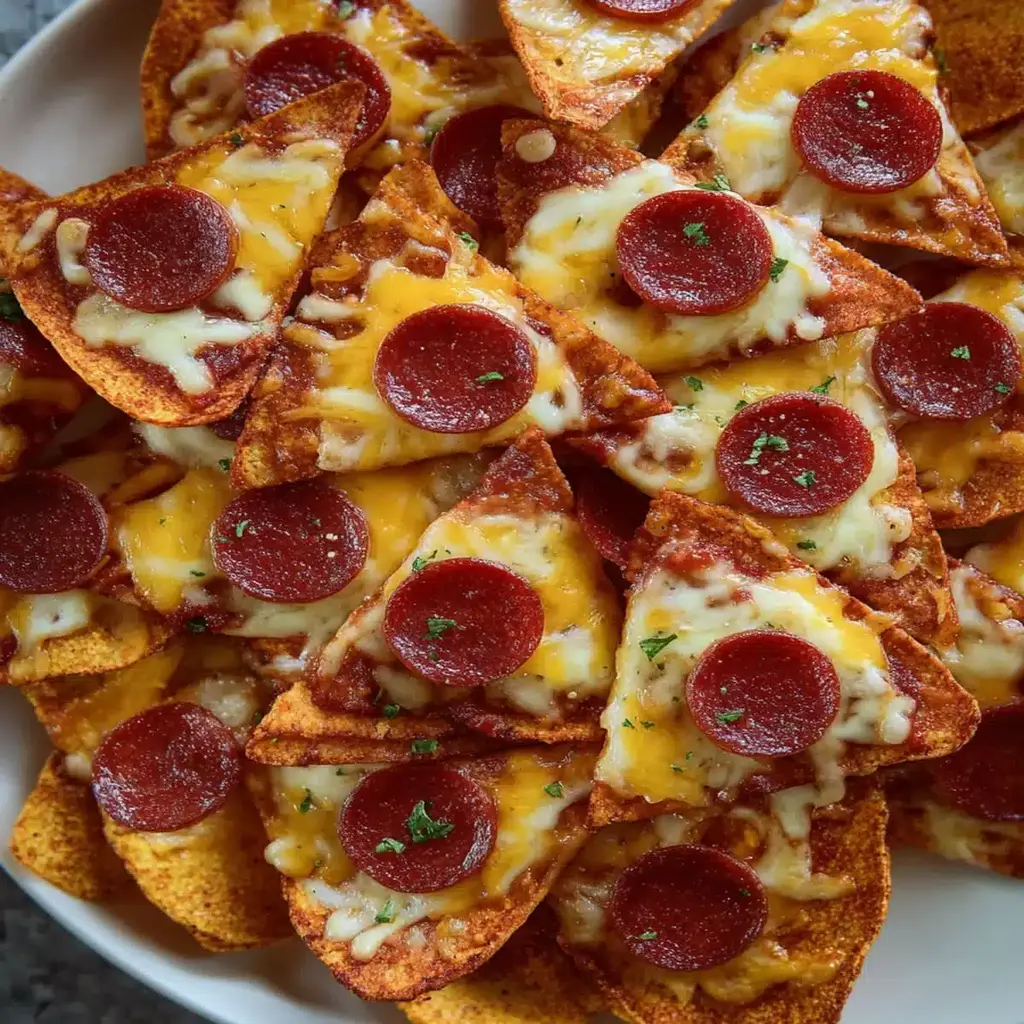 Crispy pizza chips arranged on a serving platter, glistening with melted cheese and topped with pepperoni.