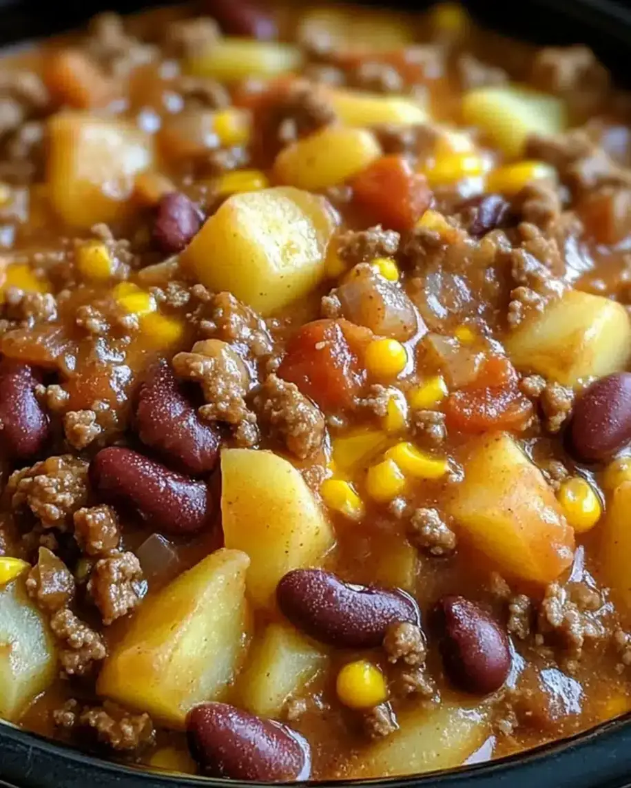 Slow Cooker Cowboy Casserole in an appetizing display, featuring layers of ground beef, beans, corn, potatoes, and melted cheese.