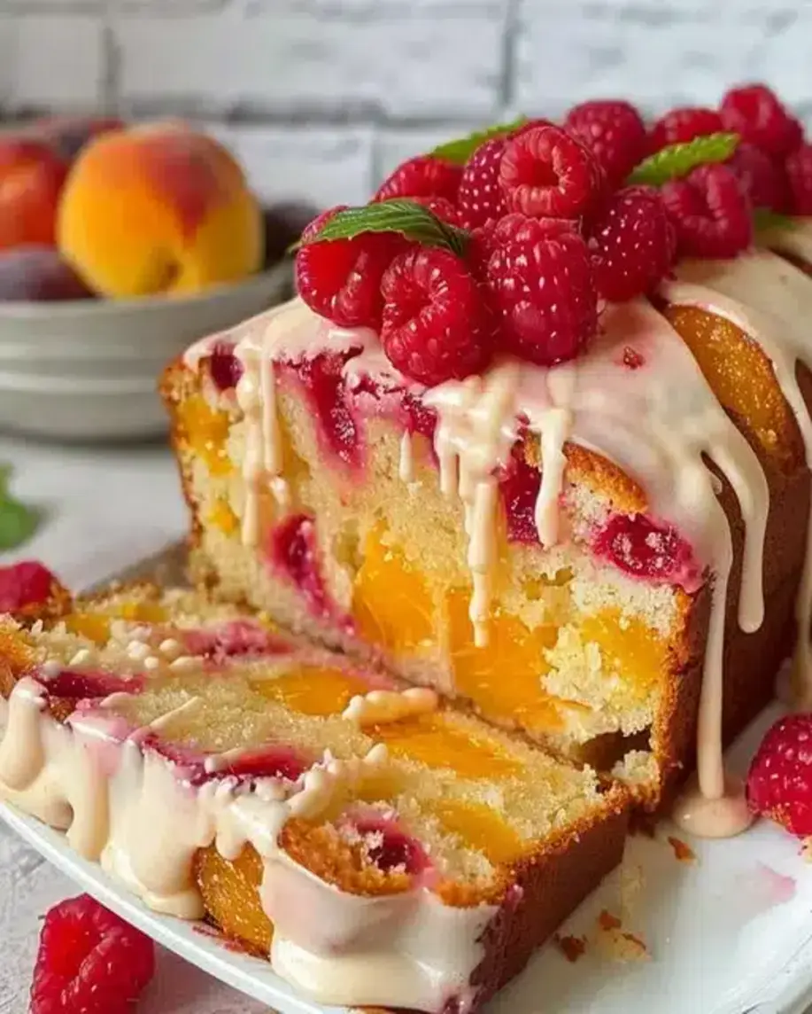 Juicy Peach Raspberry Cake slice with fresh berries