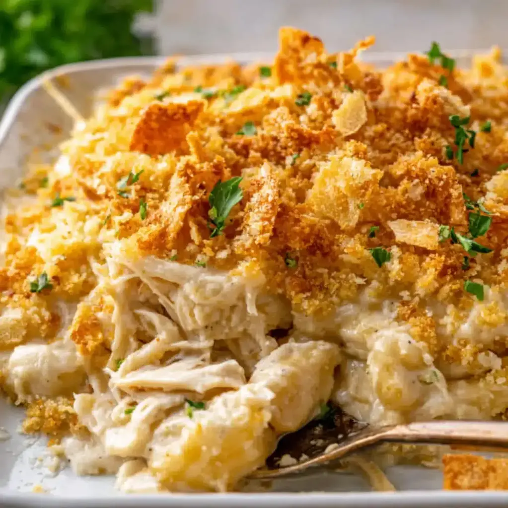 Creamy Ritz Cracker Chicken Casserole being served.