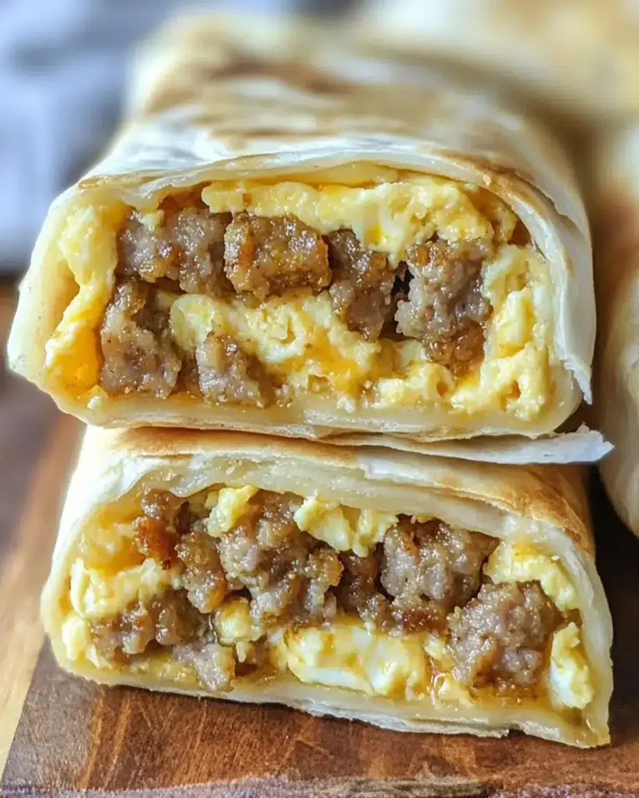 Cheesy Sausage and Egg Wraps stacked on a plate, ready to be enjoyed.