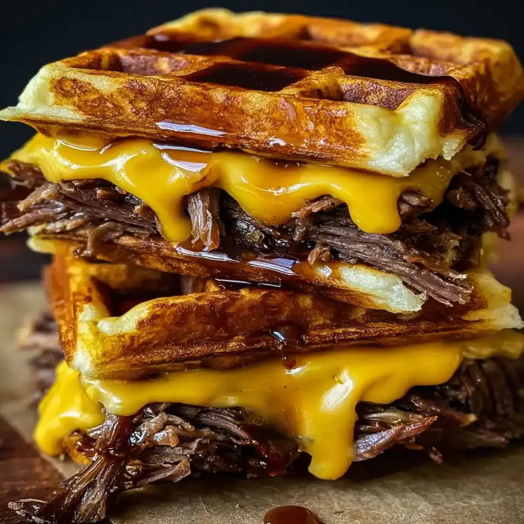 A golden brown waffle sandwich with visible layers of brisket and melted cheese.