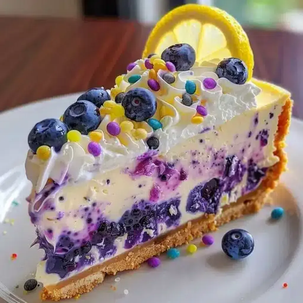 Citrus Blueberry Cheesecake slice with a swirl of blueberries and citrus zest.