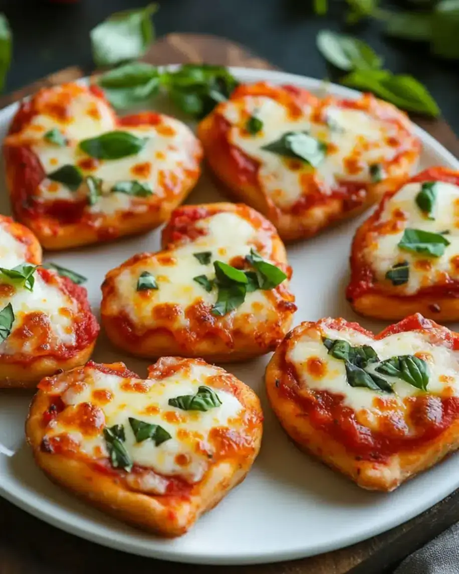Heart-shaped mini pizzas with various toppings, arranged on a baking sheet.
