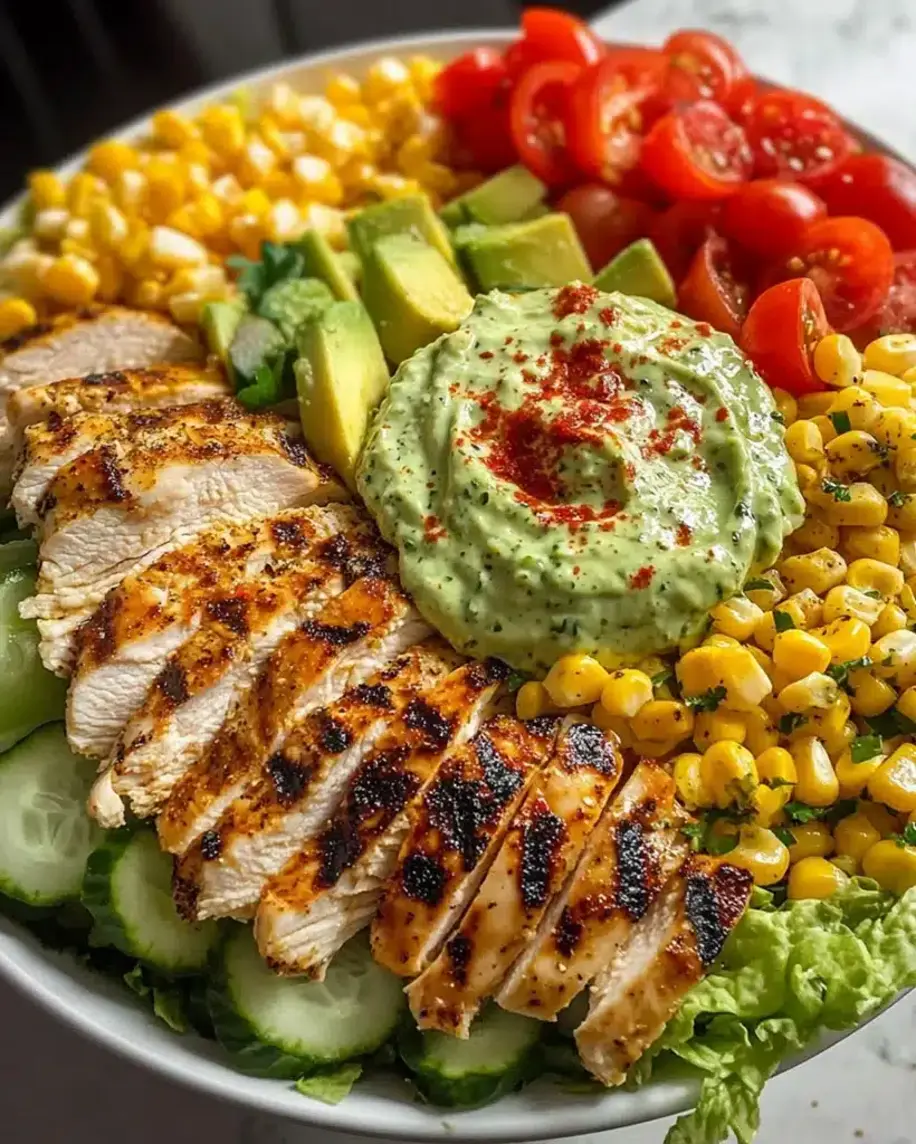A vibrant grilled chicken avocado salad bowl with fresh vegetables and creamy dressing.