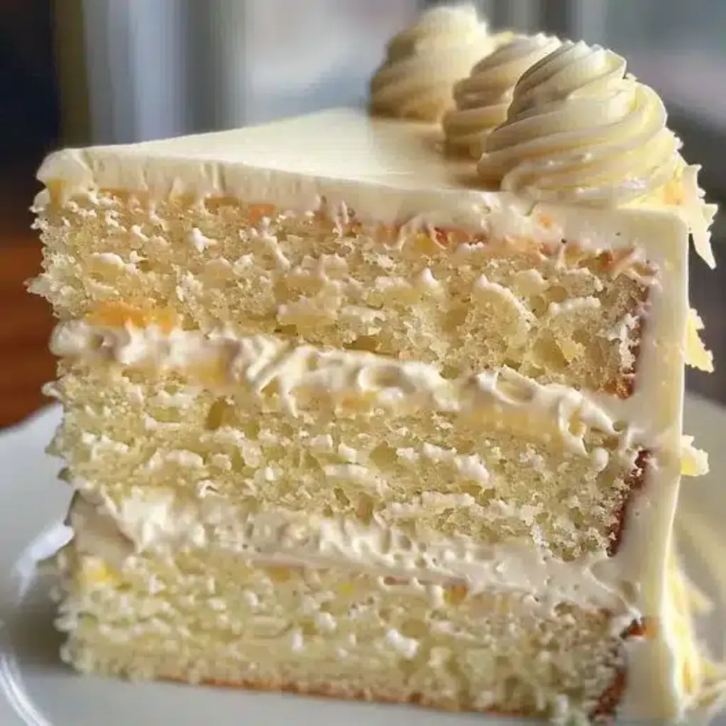 Heavenly White Chocolate Cake with Pineapple Filling slice showing layers and frosting