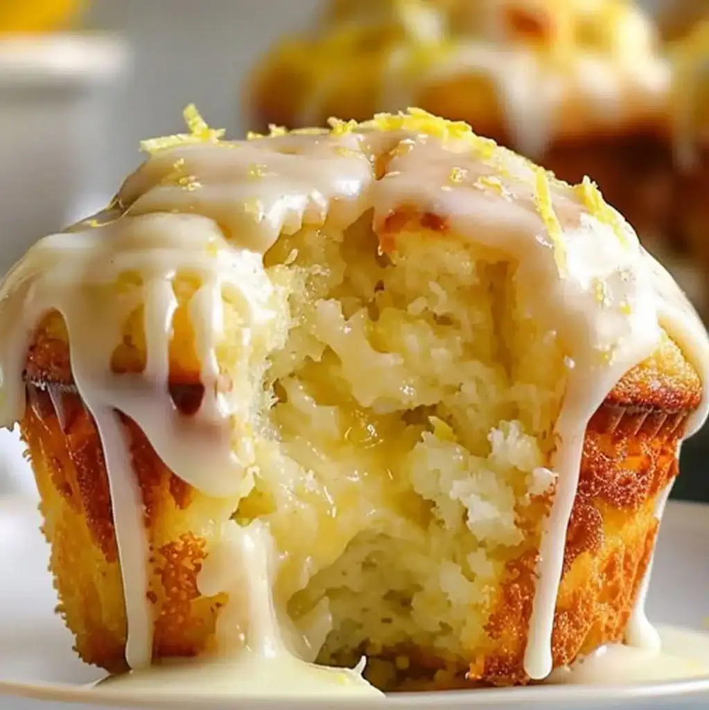 Close-up of a lemon cream cheese muffin cut in half, showing the creamy center and zesty top.