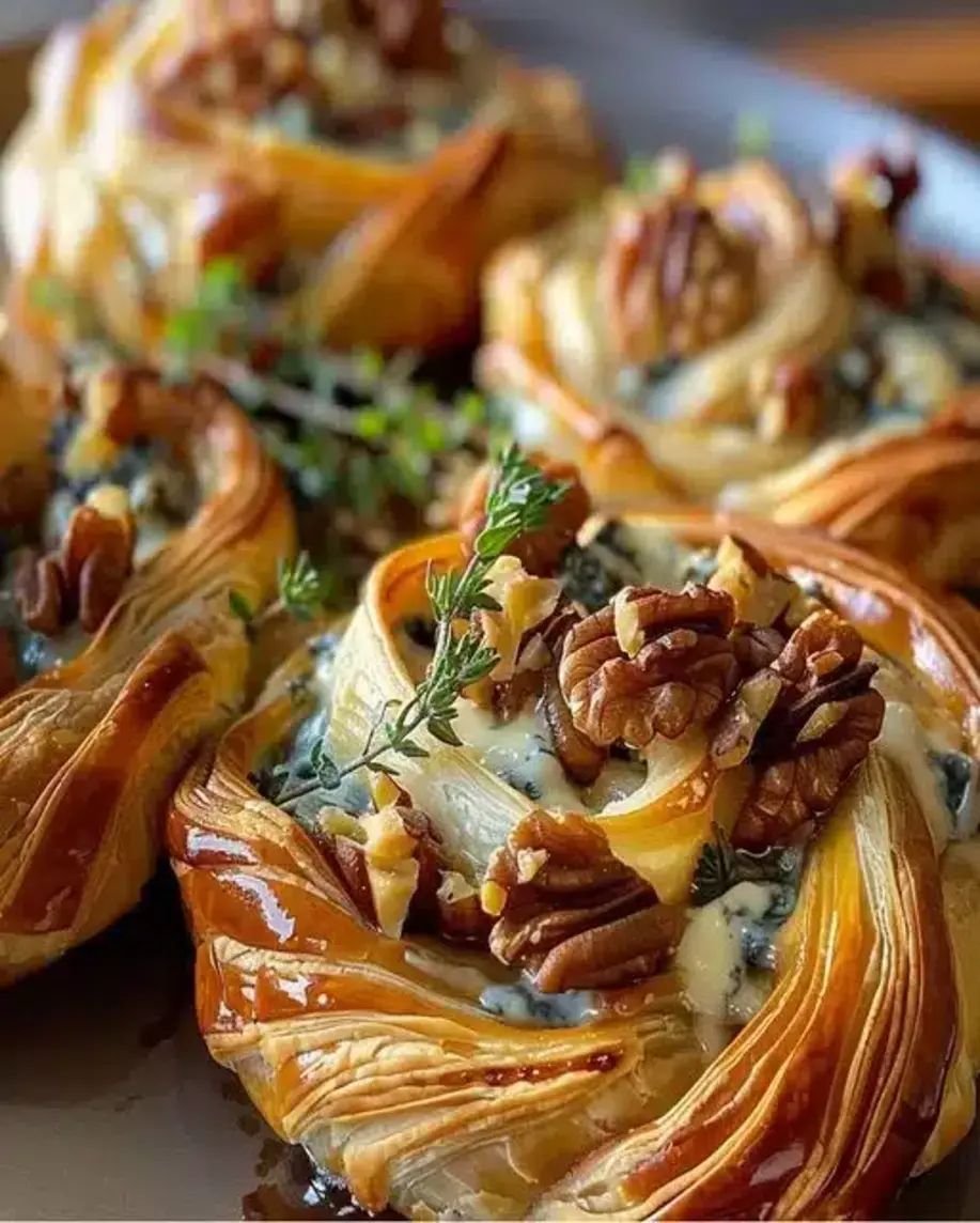 Blue Cheese Walnut Thyme Puff Pastry Twirls arranged beautifully on a platter.
