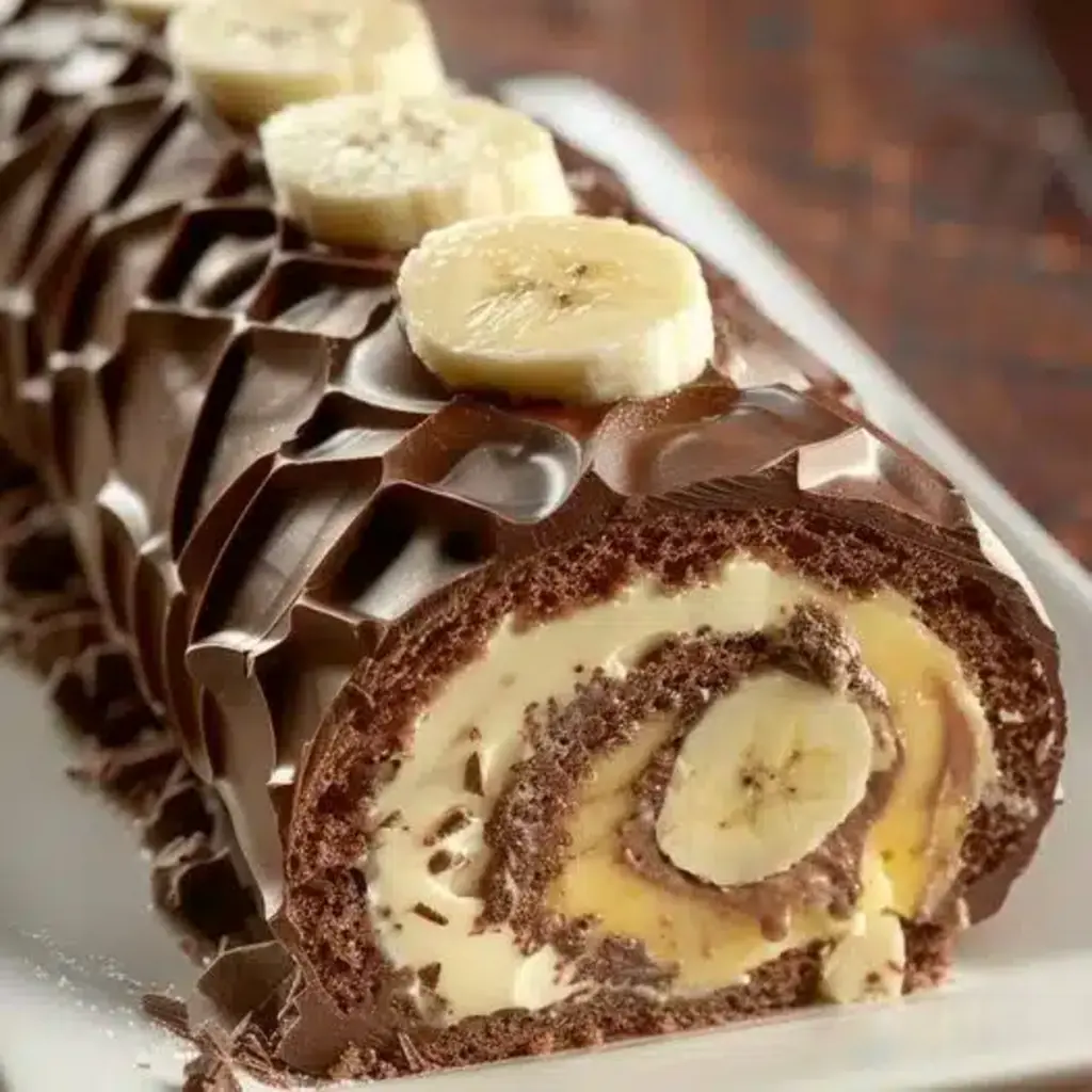 Deliciously rolled banana chocolate cake with cream filling