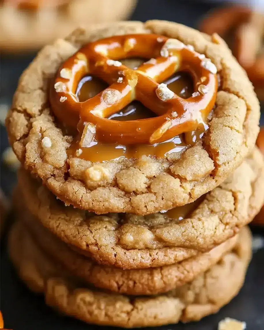 Salty-sweet pretzel peanut butter cookies fresh out of the oven with a caramel drizzle