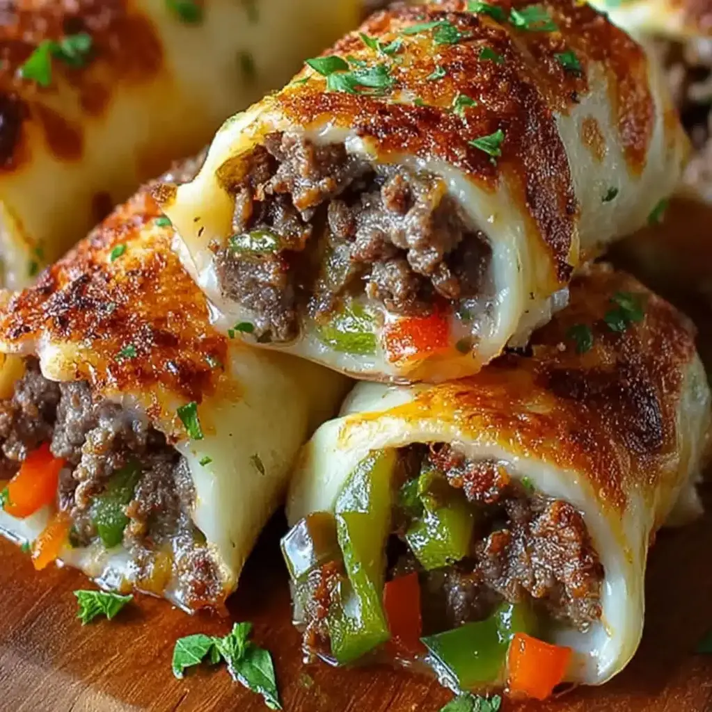 Close-up of delicious Philly Cheesesteak Rolls.