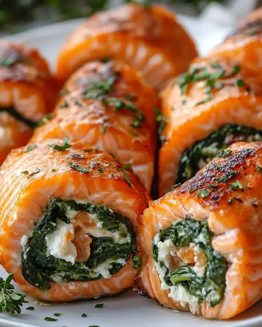Spinach and Feta Stuffed Salmon Pinwheels assembled and ready to cook