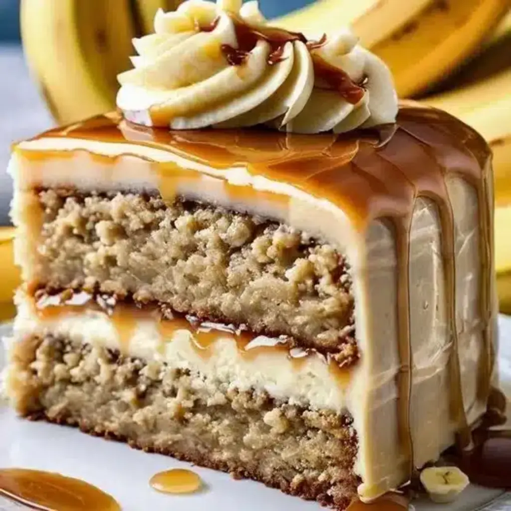 Heavenly Banana Caramel Dream Cake slice showing layers of banana cake, caramel, and cream cheese frosting.