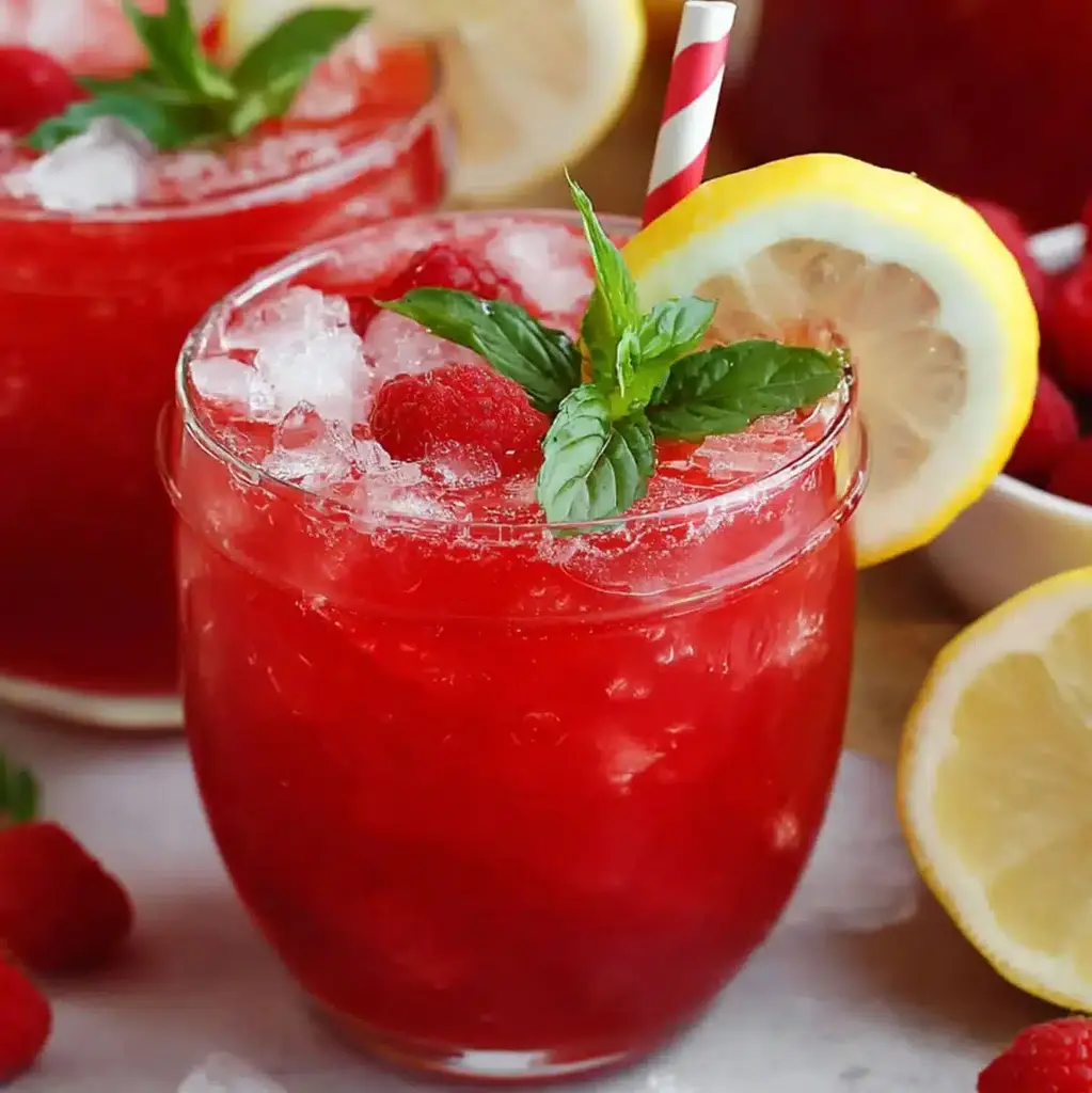 A pitcher of refreshing raspberry lemonade with fresh raspberries and lemon slices.