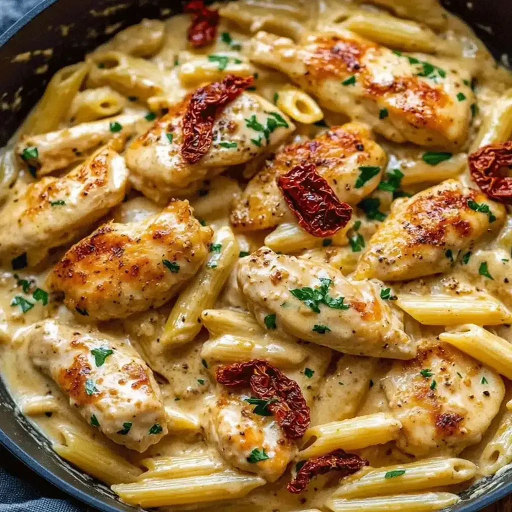 Marry Me Chicken Pasta with creamy garlic Parmesan sauce and sun-dried tomatoes.