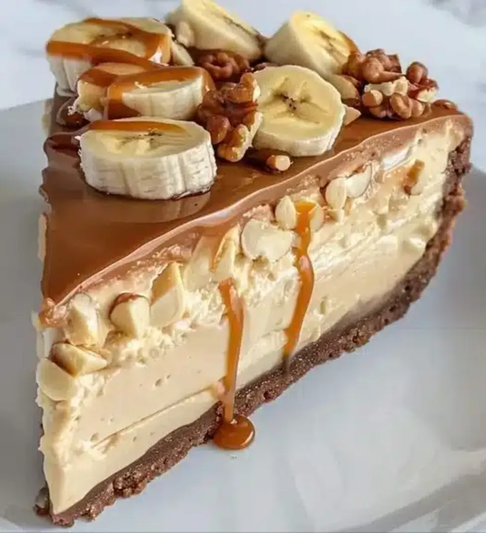 Banana Caramel Nut Cheesecake slice with caramel drizzle and nuts