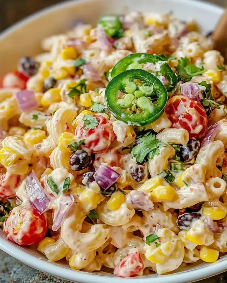 A vibrant bowl of Mexican Macaroni Salad with fresh corn, cilantro, and jalapenos.