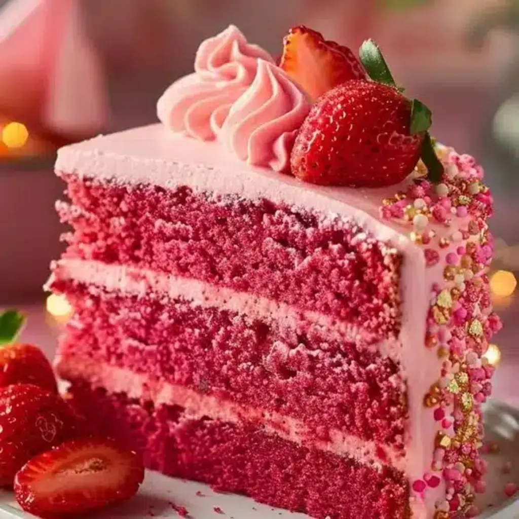 A beautifully decorated Triple Layer Strawberry Cake with fresh strawberries on top.