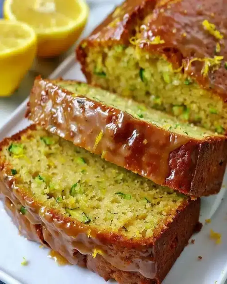 A beautiful, golden-brown loaf of Lemon Zucchini Bread sliced, showing its moist interior.