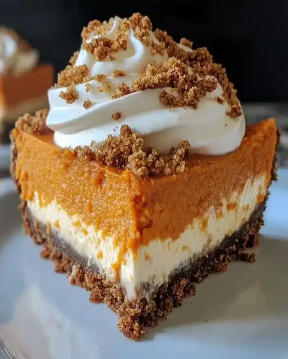 Sweet Potato Cheesecake Pie slice on a plate with whipped cream