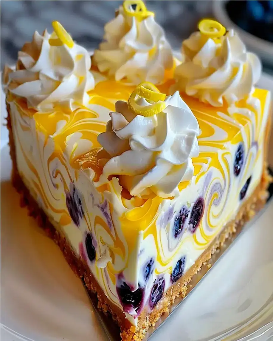 Lemon Blueberry Swirl Cheesecake slice with a fork