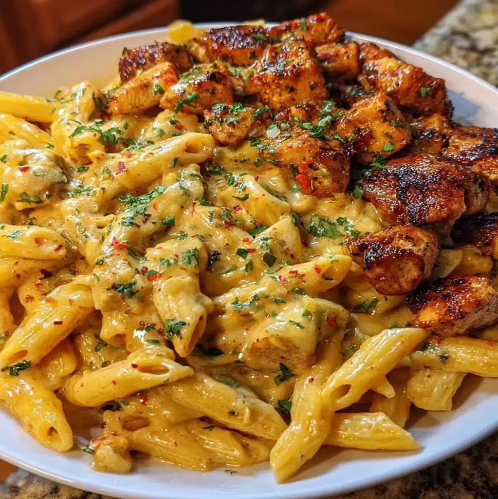 Cheesy Garlic Cajun Chicken Pasta ready to serve