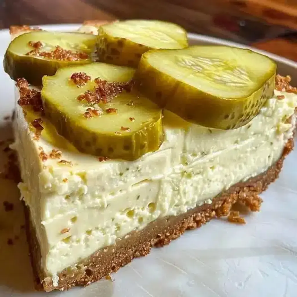 A slice of Pickle Cheesecake with a pretzel crust and a garnish of dill and pickle slices