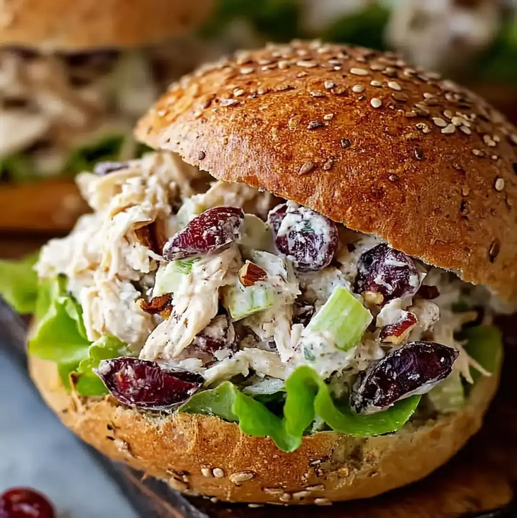 Creamy Cranberry Pecan Chicken Salad in a bowl with spoons and serving bread.