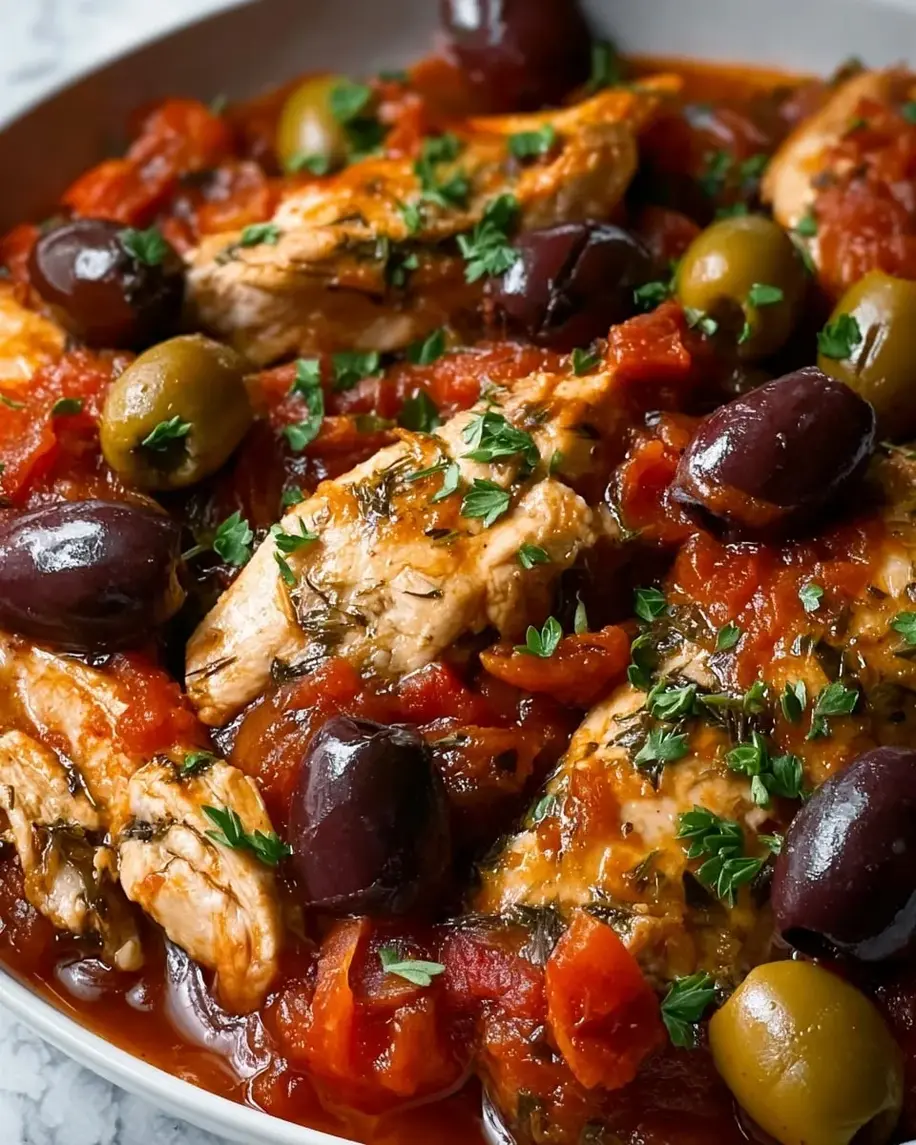 Slow Cooker Mediterranean Chicken Recipe with olives, artichokes, and feta cheese in a white bowl