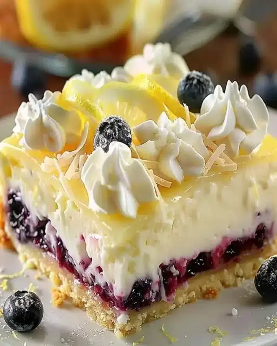 Delicious Lemon Blueberry Cheesecake Bars ready to be served