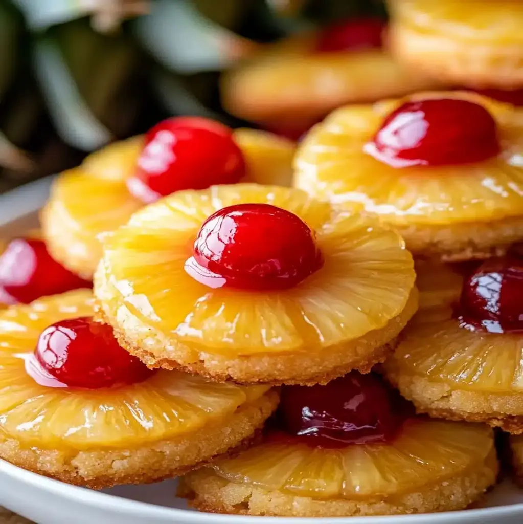 Beautifully baked pineapple cookies topped with a pineapple ring and caramel drizzle
