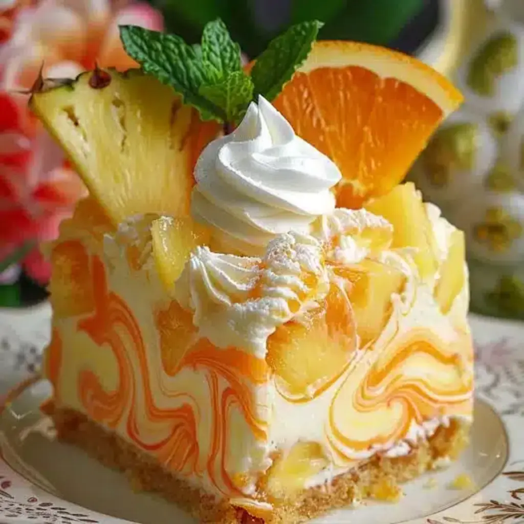 Pineapple Orange Swirl Cheesecake featuring a vibrant citrus and pineapple swirl on a creamy cheesecake base with a graham cracker crust.