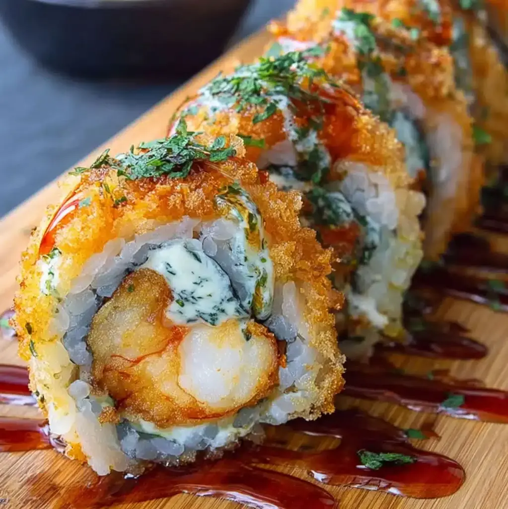 Homemade Shrimp Tempura Rolls on a platter, drizzled with eel sauce.