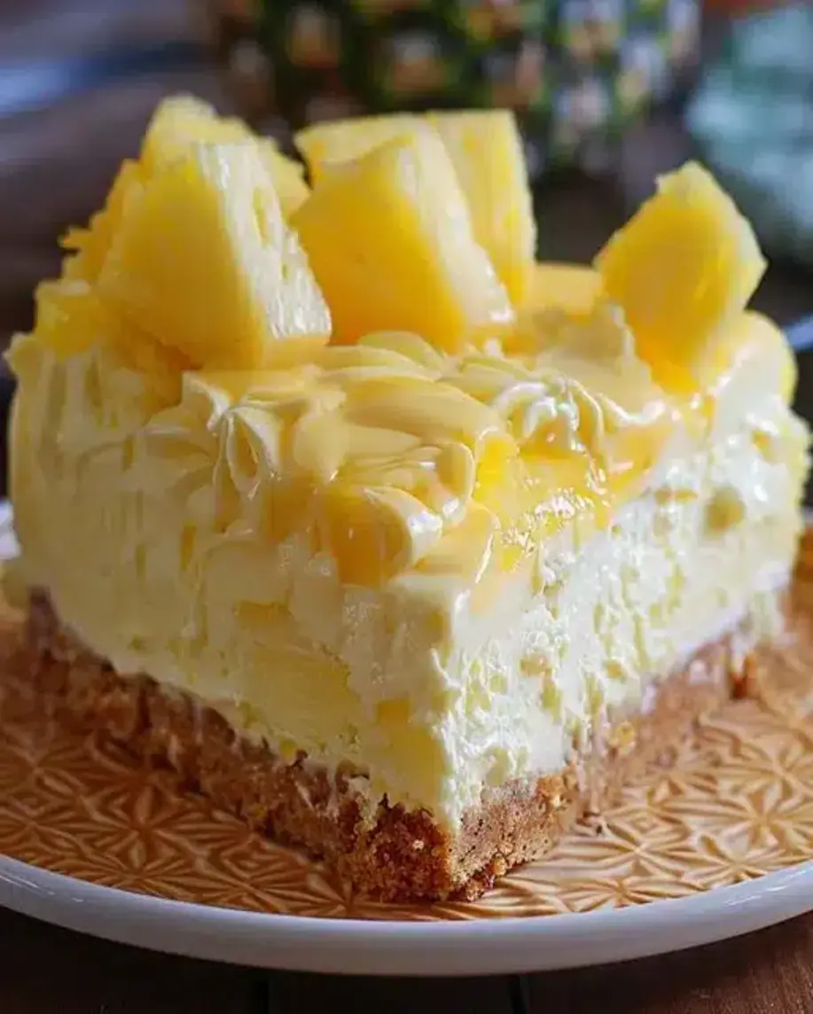 A beautifully decorated Pineapple Heaven Cheesecake, showcasing its creamy texture and vibrant topping.