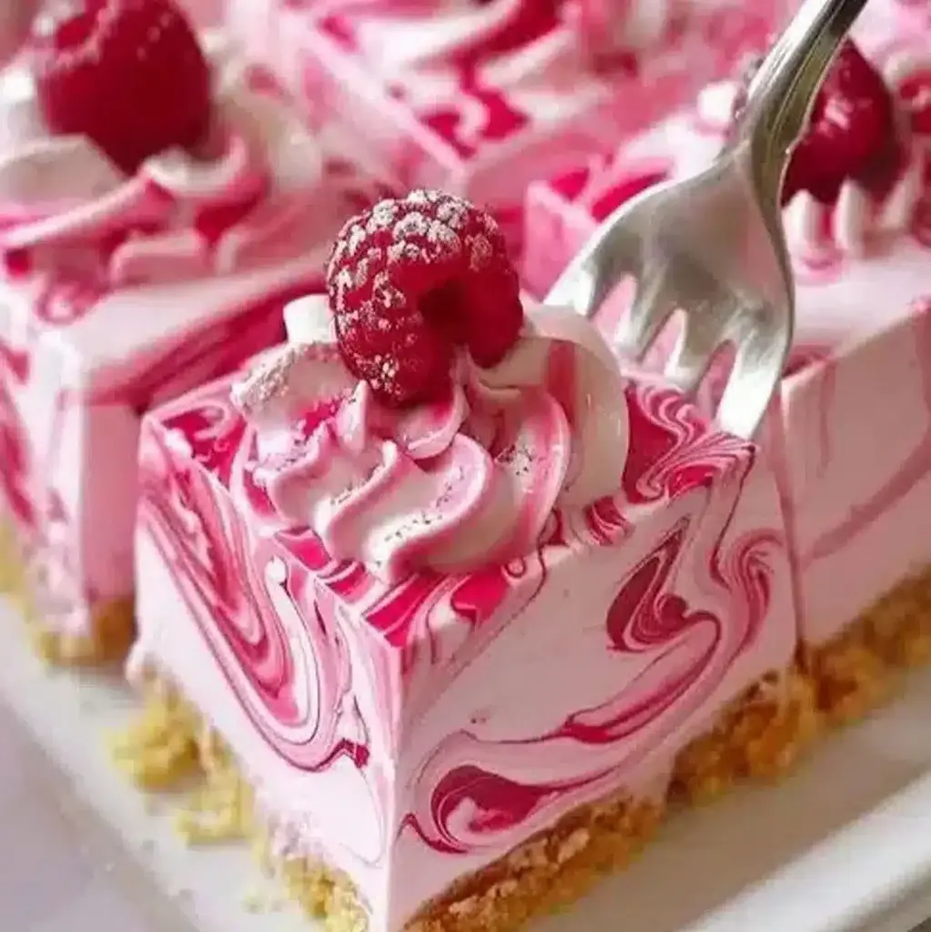 A slice of Raspberry Swirl Cheesecake with a fork taking a bite, showing the creamy texture and vibrant swirl.