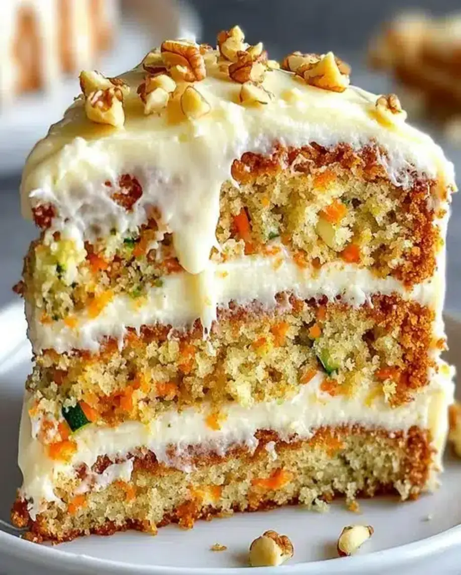 Moist Carrot Zucchini Cake with Cream Cheese Frosting slice showcasing its texture