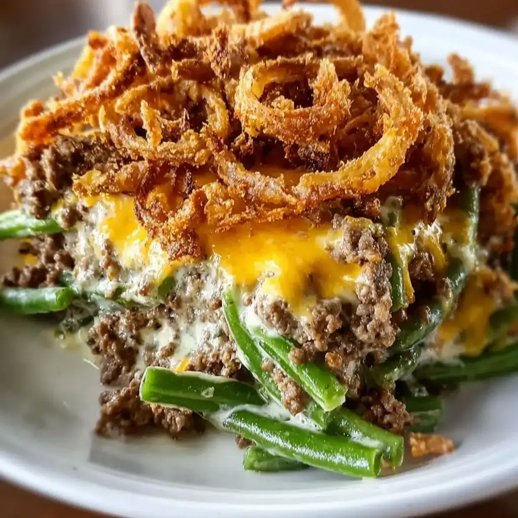 Cheesy Hamburger Green Bean Casserole in a baking dish, topped with crispy fried onions.