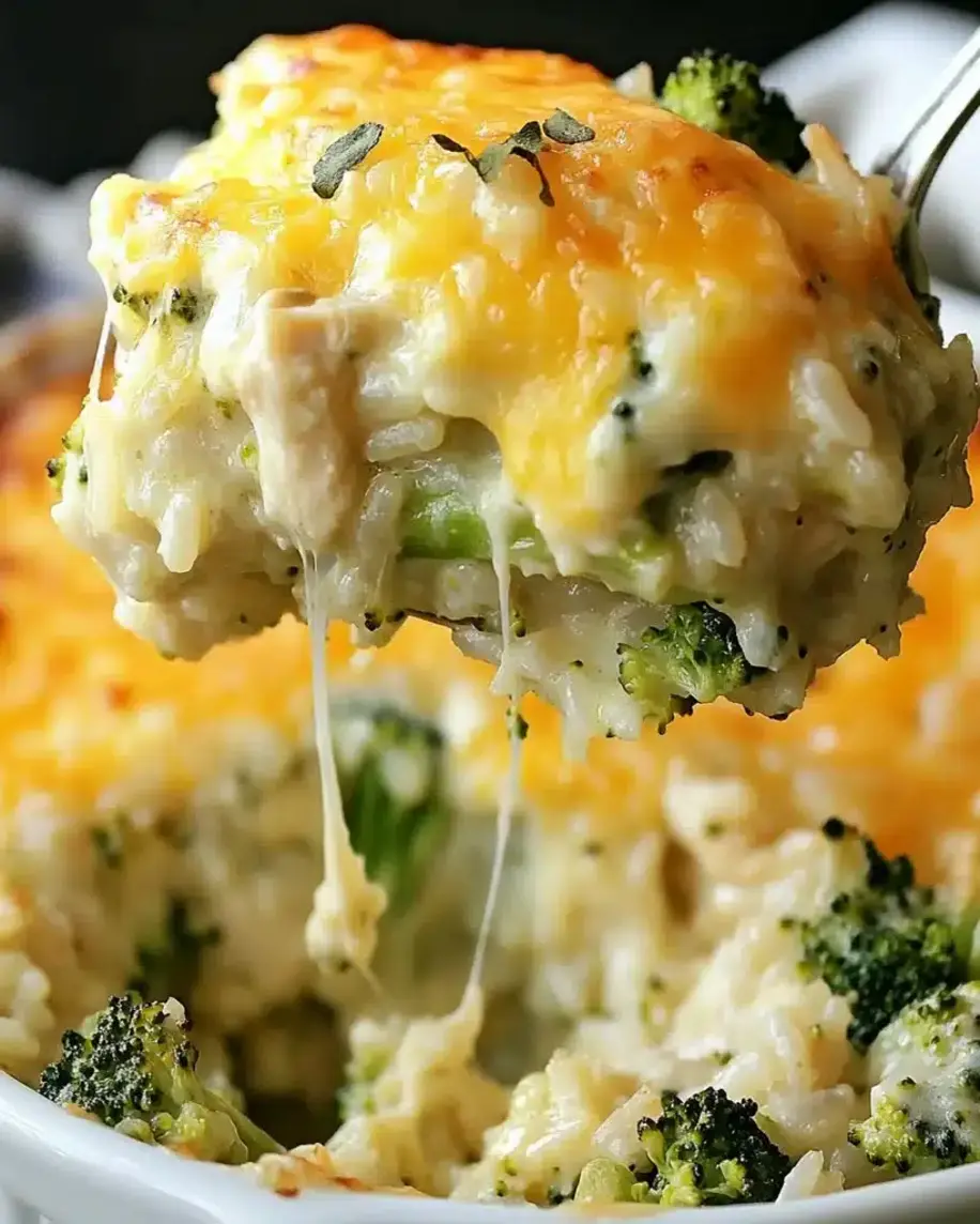 Chicken Broccoli Rice Casserole in a baking dish, topped with melted cheese