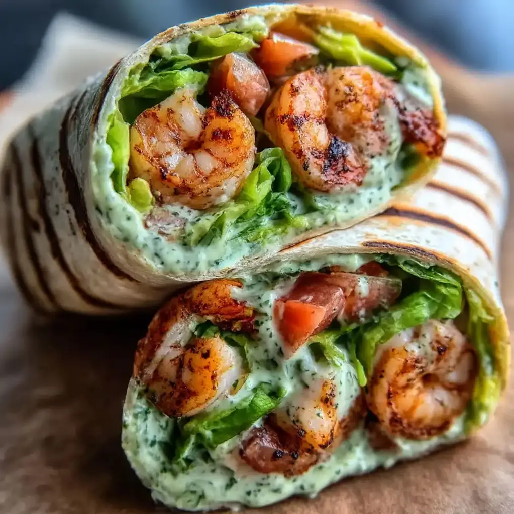 Juicy grilled shrimp and fresh vegetables ready to be assembled into a wrap.