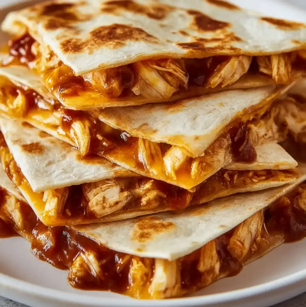 BBQ chicken quesadilla cut in half to show filling