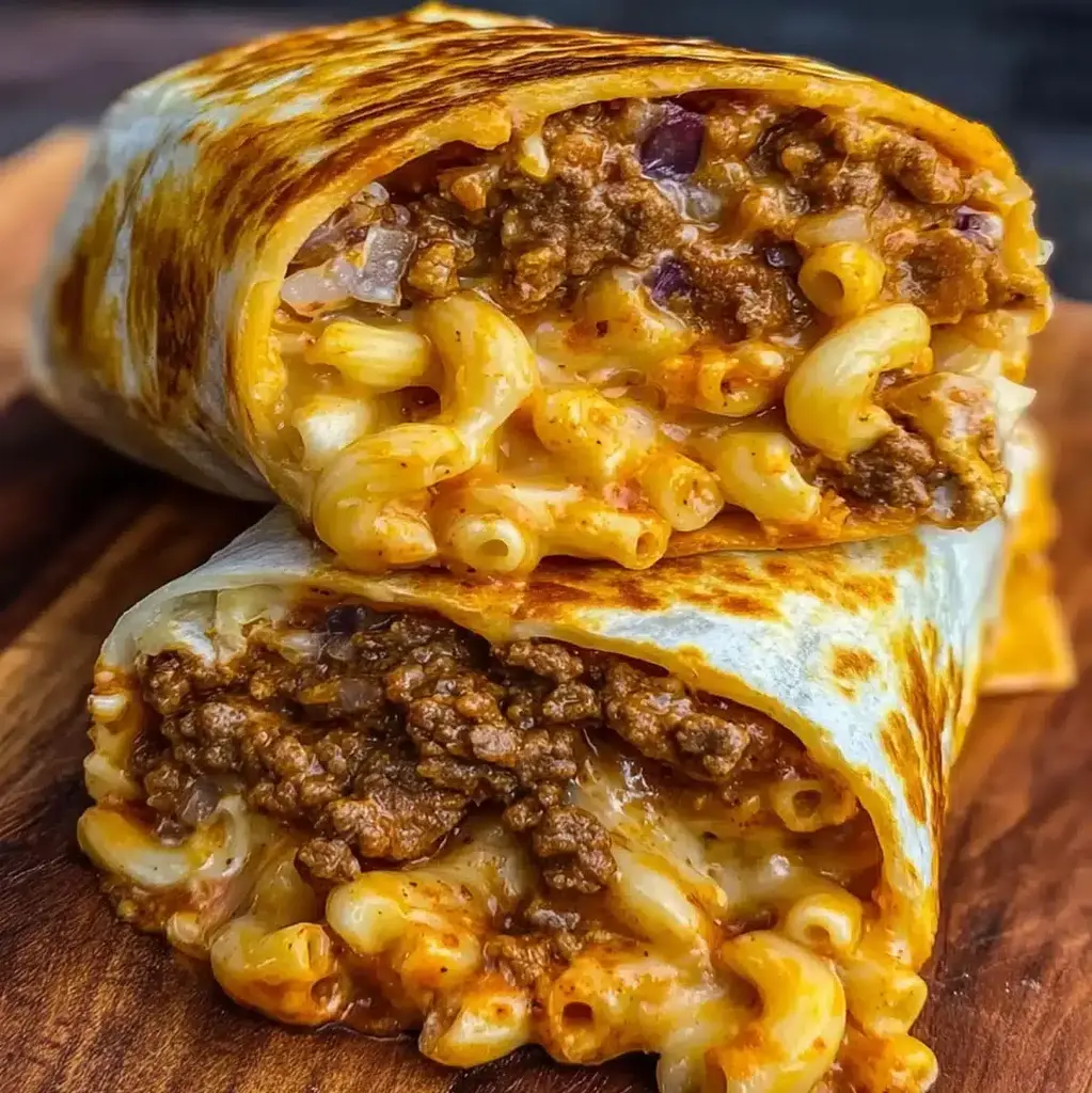 Sloppy Joe Mac and Cheese Wraps with crispy tortilla and a gooey filling.